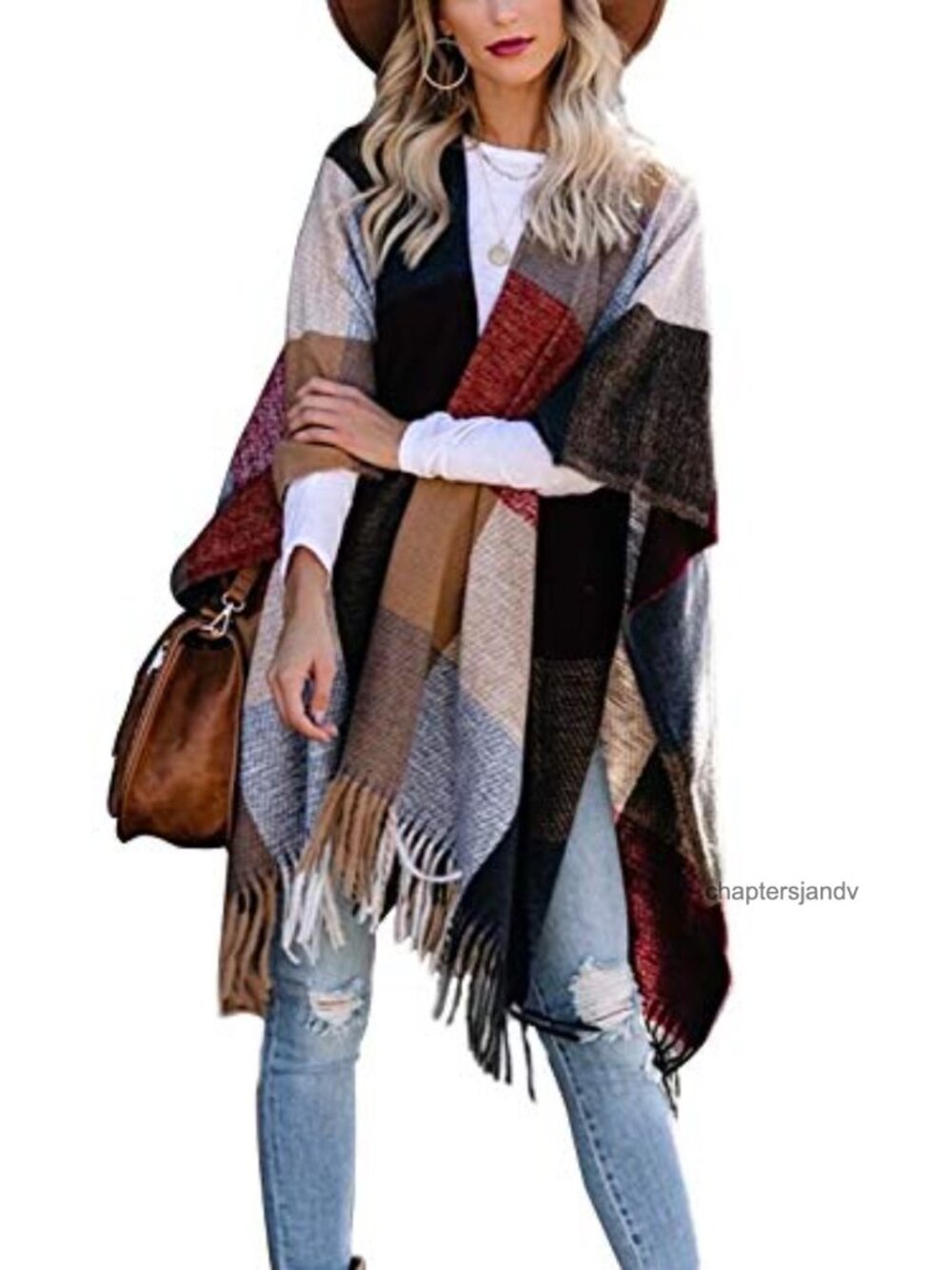 Womens Boho Plaid Poncho Open Front Shawl Wrap Cape